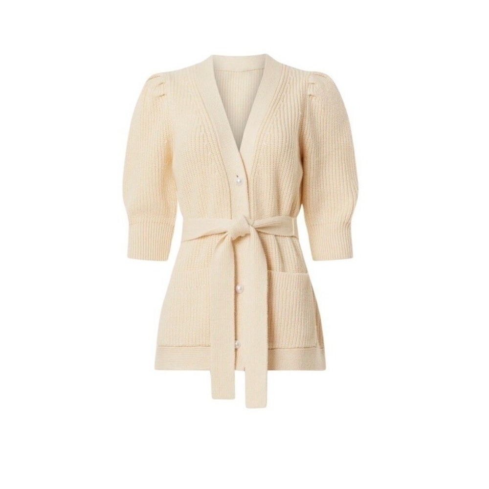 Adam Lippes x RTR Tie Waist Cardigan Sweater Ivory Wool-Blend Ribbed Knit XS